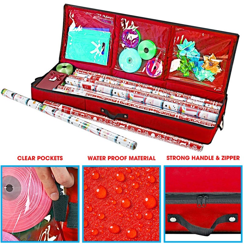 Primode Wrapping Paper Storage Container | Gift Wrap Organizer Under Bed | 41â€x14â€x6â€ | Fits 18-24 Rolls Up to 40â€ | 600D Oxford | Box Holder with Pockets for Ribbon, Bows and Accessories (Red) - Image 5